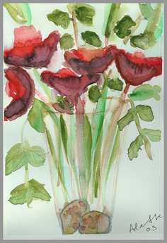 014 Blomster i grnt - Akvarel p papir 30 x 20 cm - Alettes Maleri (akvarel og akryl)