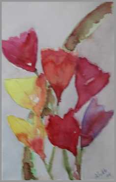 022 Blomster med stort blad - Akvarel p papir 24 x 15 cm - Alettes Maleri (akvarel og akryl)