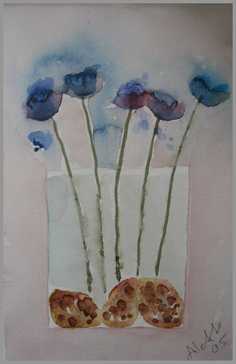 026 Bl blomster i vase - Akvarel p papir 26 x 17 cm - Alettes Maleri (akvarel og akryl)