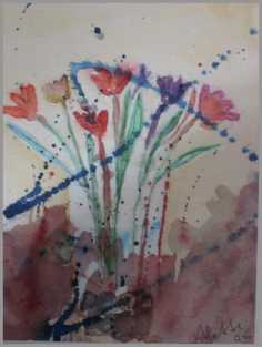 034 Blomster med bl stnk - Akvarel p papir 30 x 20 cm - Alettes Maleri (akvarel og akryl)