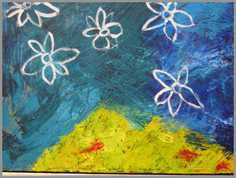 049 Gul bakketop - Akryl p lrred 40 x 50 cm - Alettes Maleri (akvarel og akryl)
